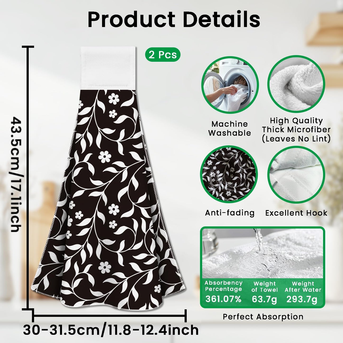 CUTHOLLOW 2 Pcs Black and White Flowers Hanging Kitchen Towels with Loop