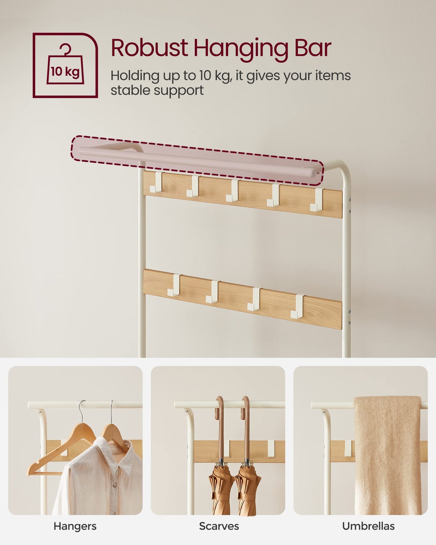 VASAGLE Coat Rack, Coat Stand with Shoe Storage Bench, 4-in-1 Design, with 9 Removable Hooks, a Clothes Rail, for Hallway, Entrance, 34 x 72 x 183 cm,