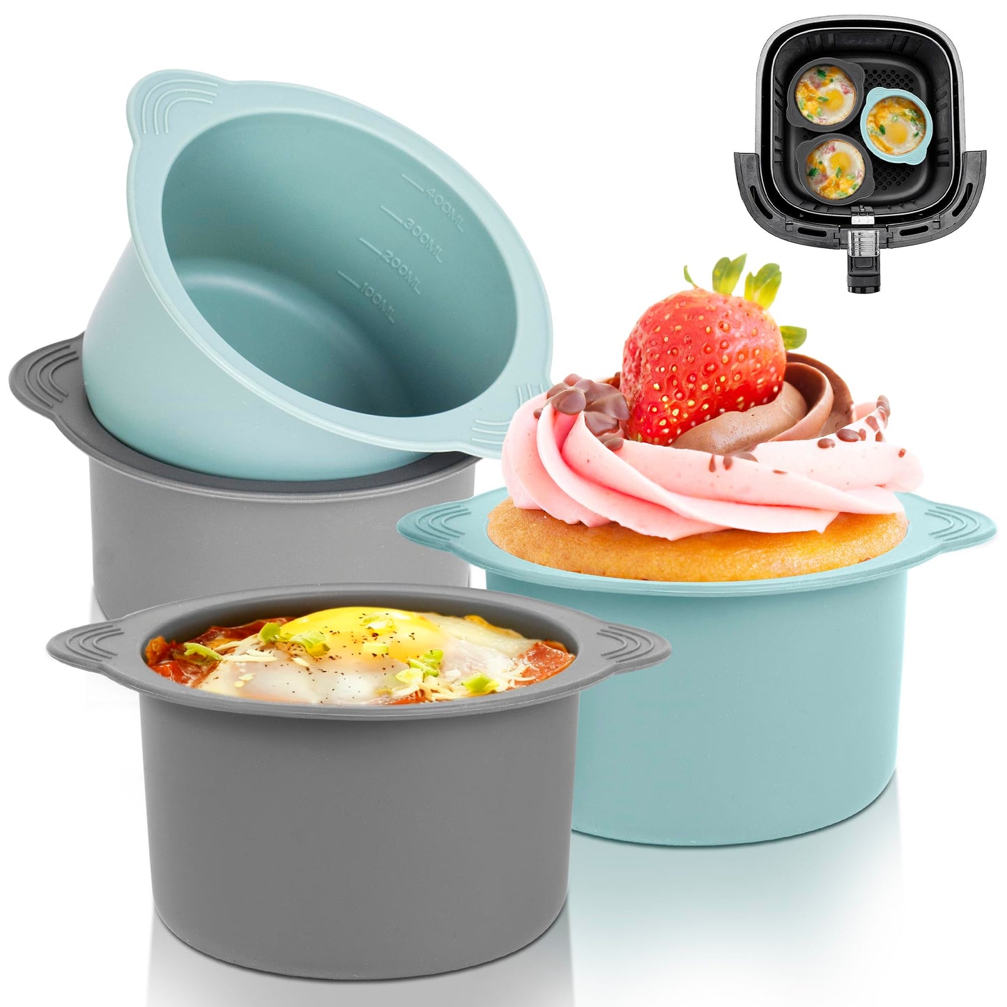 Pietuley 4Pcs Large Ramekins for Air Fryer,Silicone Poached Egg Maker,Baking Cakes Moulds Egg Poached Fried Egg Mould for Air Fryer