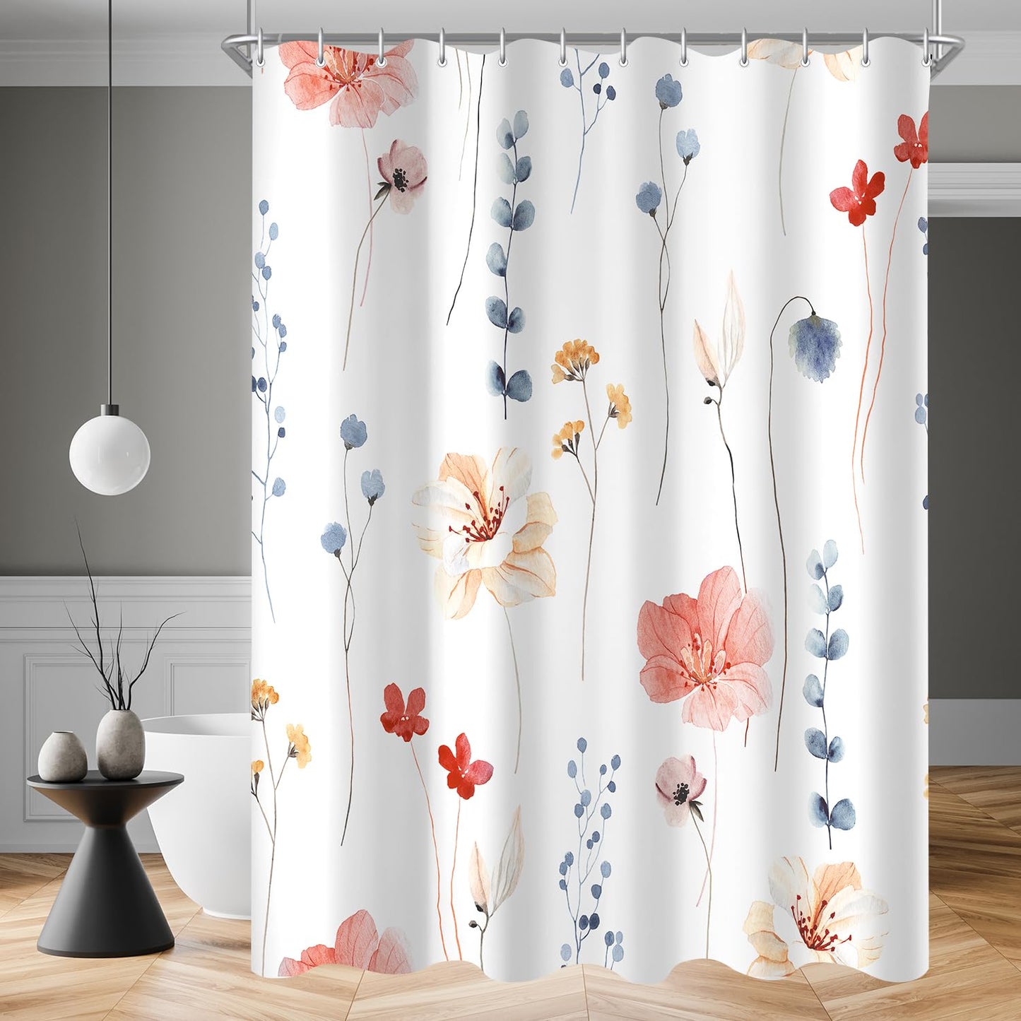 Lerores Shower Curtain, 150 x 200 cm, Coral Flower, Weighted Hem, Anti-Mould, Water-Repellent, Washable Polyester Bath Curtains with 8 Eyelets and 12