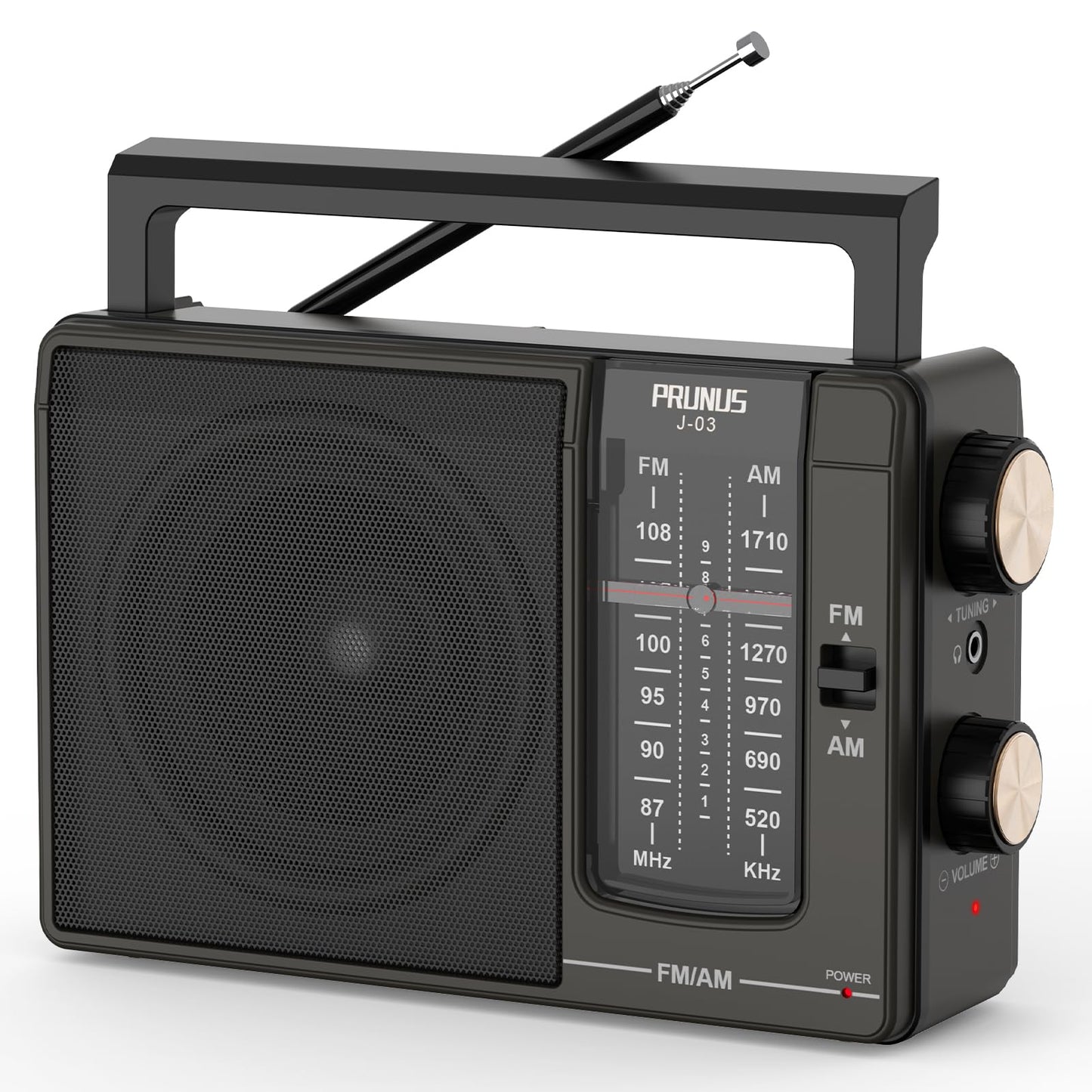 PRUNUS J-03 Portable Radio, AM FM Radio, Radios Mains and Battery, Large Display and Knob, Large Speaker, Excellent Sound, Headphone Jack, Excellent