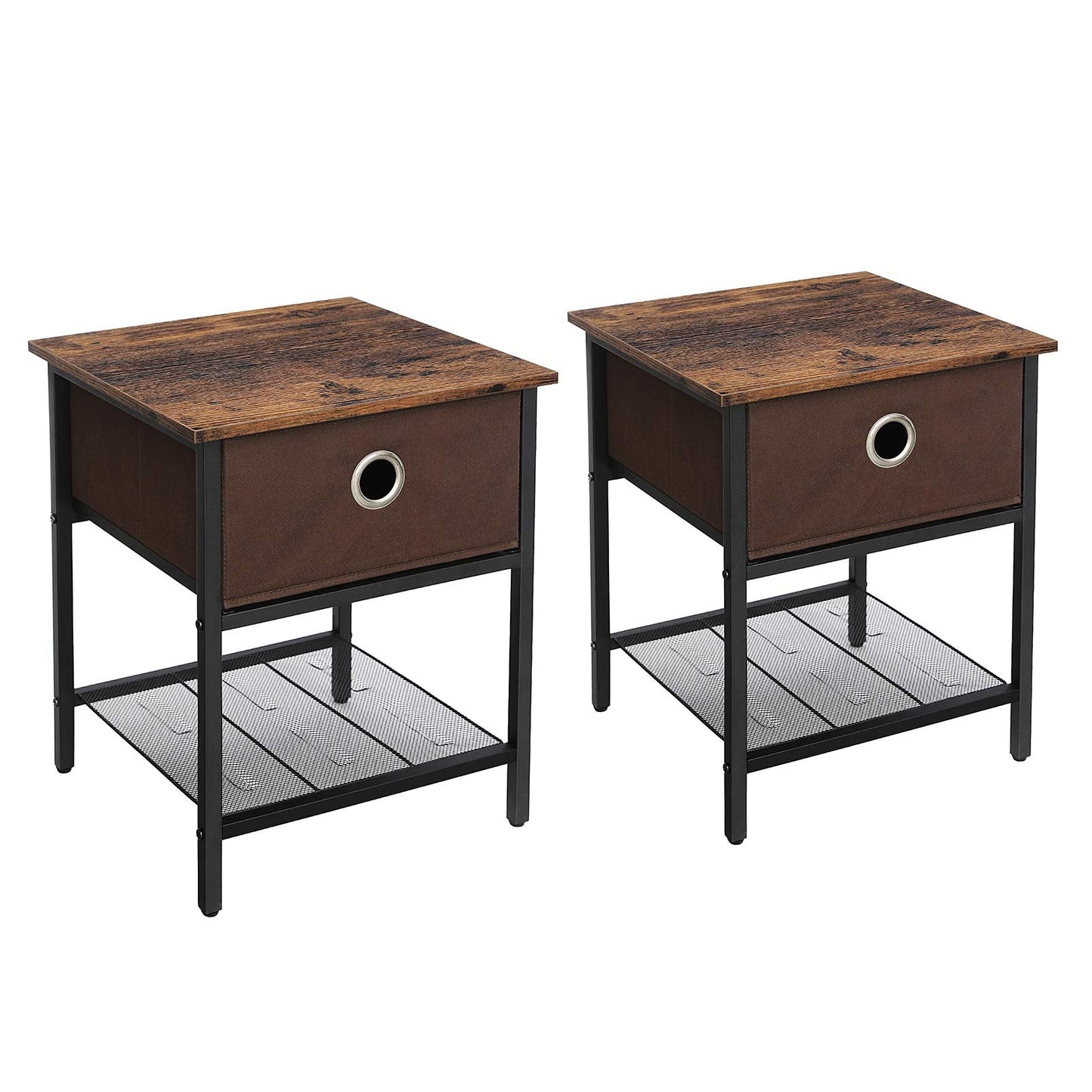 VASAGLE End Tables, Set of 2 Side Tables and Nightstands with Fabric Drawer, Heavy-Duty Steel Frame, Living Room Bedroom, Simple Assembly, Rustic
