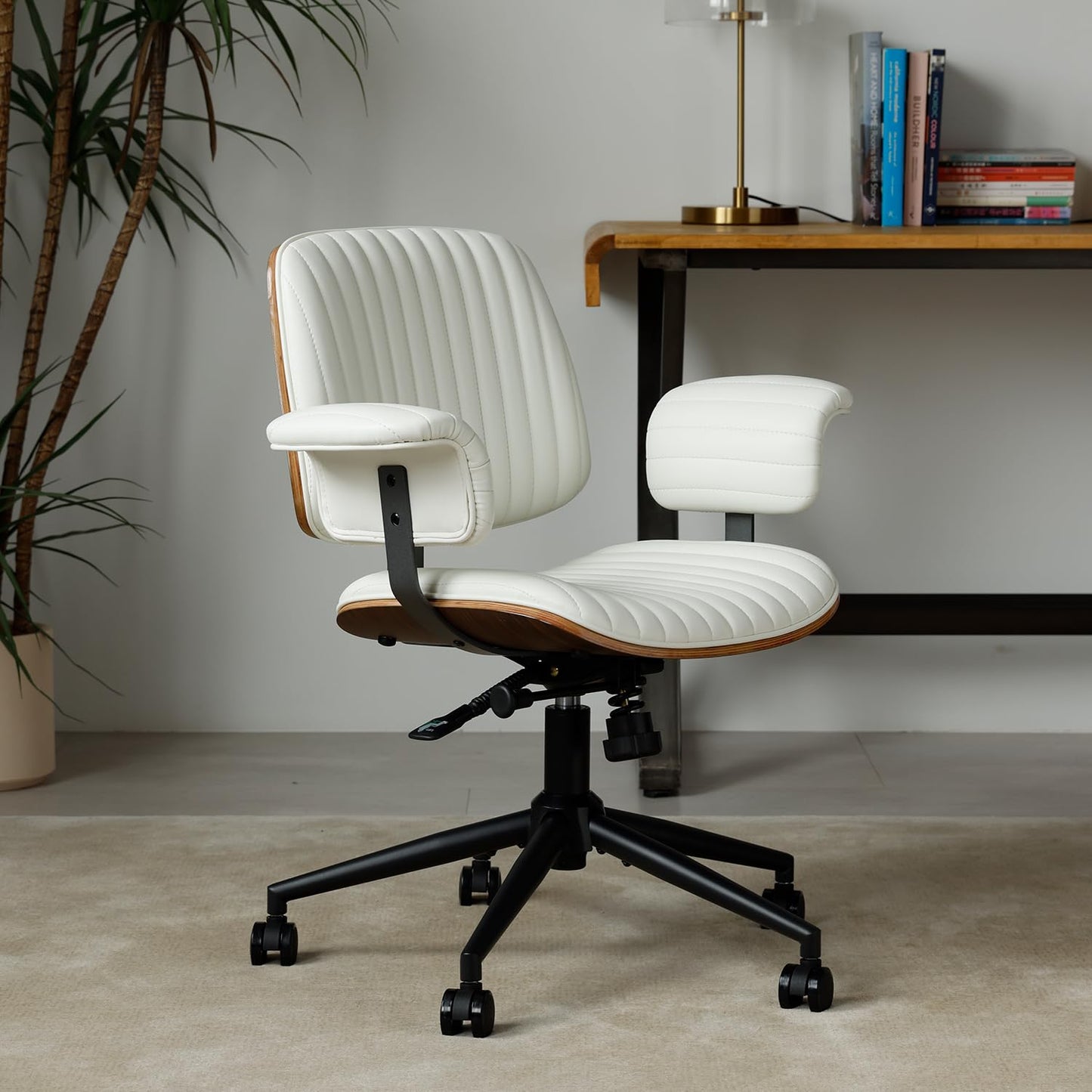 PELLEBAR Home Office Desk Chair, Mid-Century Executive PU Leather Chair with Padded Armrests, 360° Swivel Ergonomic Task Chair,Adjustable Height