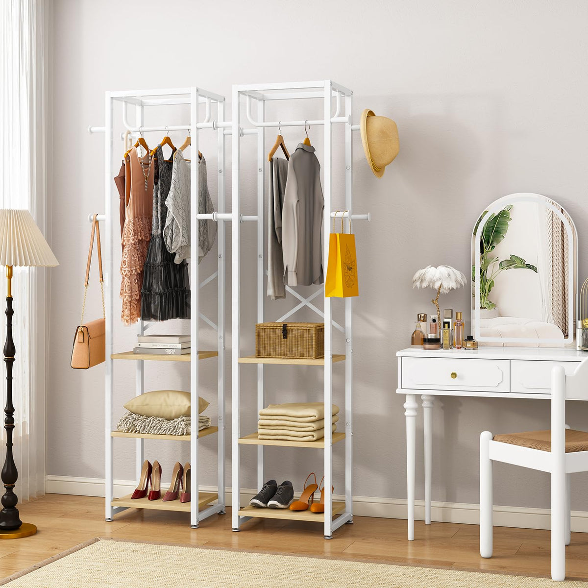 IBUYKE Coat Rack, Freestanding Coat Stand with 3 Shelves and 8 Hooks, Industrial Clothes Stand for Entryway, Hallway, Bedroom, 180 x 40 x 30 cm,