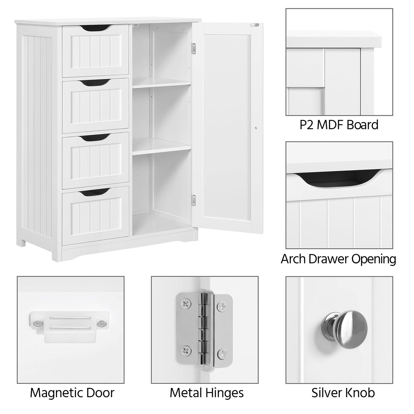 Yaheetech Large Bathroom Cabinet with 4 Drawers & Door, Adjustable Shelf