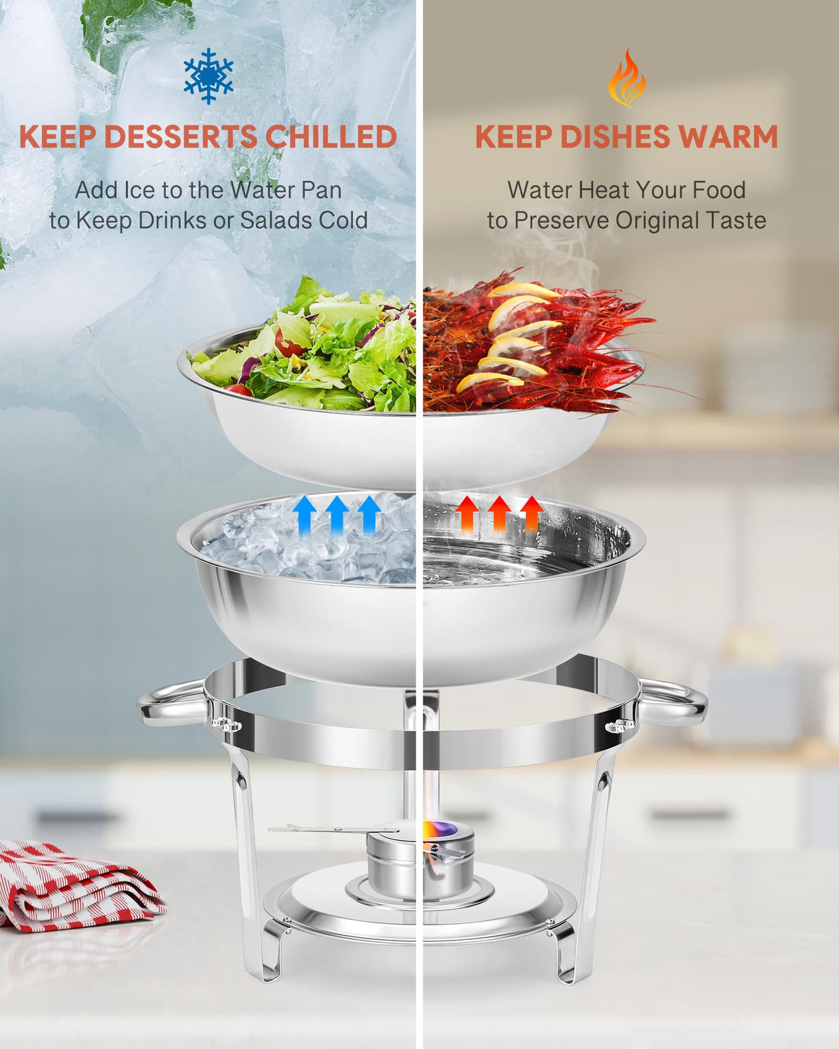 WILPREP Chafing Dish Buffet Set, 2 Pack 4.5L Round Chafers for Catering with Glass Lid & Lid Holder Water Food Pan, Stainless Steel Food Warmers