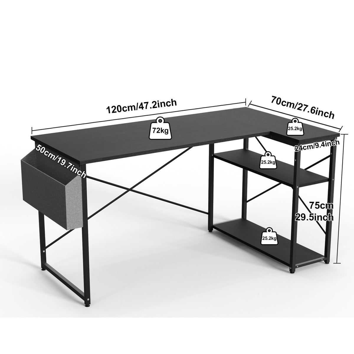 BEXEVUE L Shaped Gaming Desk, 120x70 cm Computer Desk with Storage Bag, Office Desk Small Writing Table with Large Reversible Storage Shelves,
