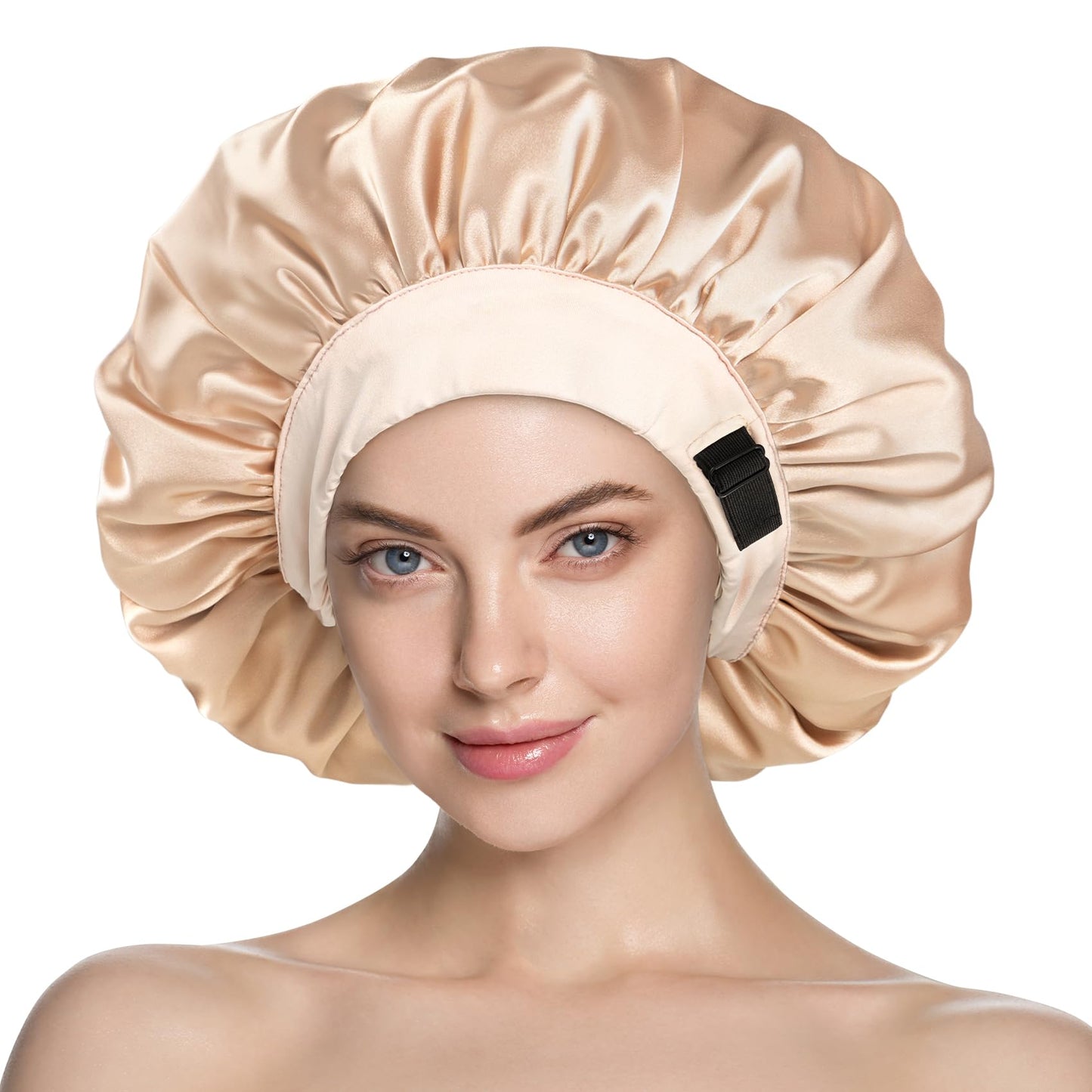 mikimini Satin Bonnet for Sleeping ? Double Layer Silky Bonnet, Champagne Hair Bonnet for Women Sleeping Adjustable, Extra Large Bonnet for Long Curly