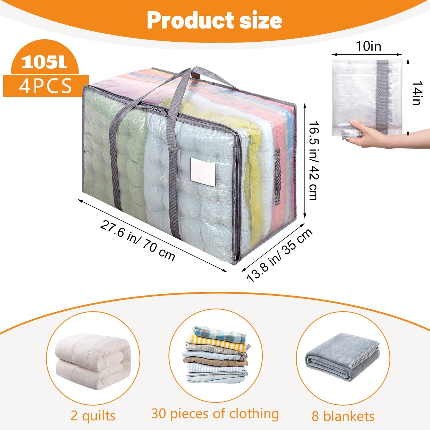 Dntorx 4 Pack 105L Moving Bags Clothes Storage Bags Drom Packing Box, Grey