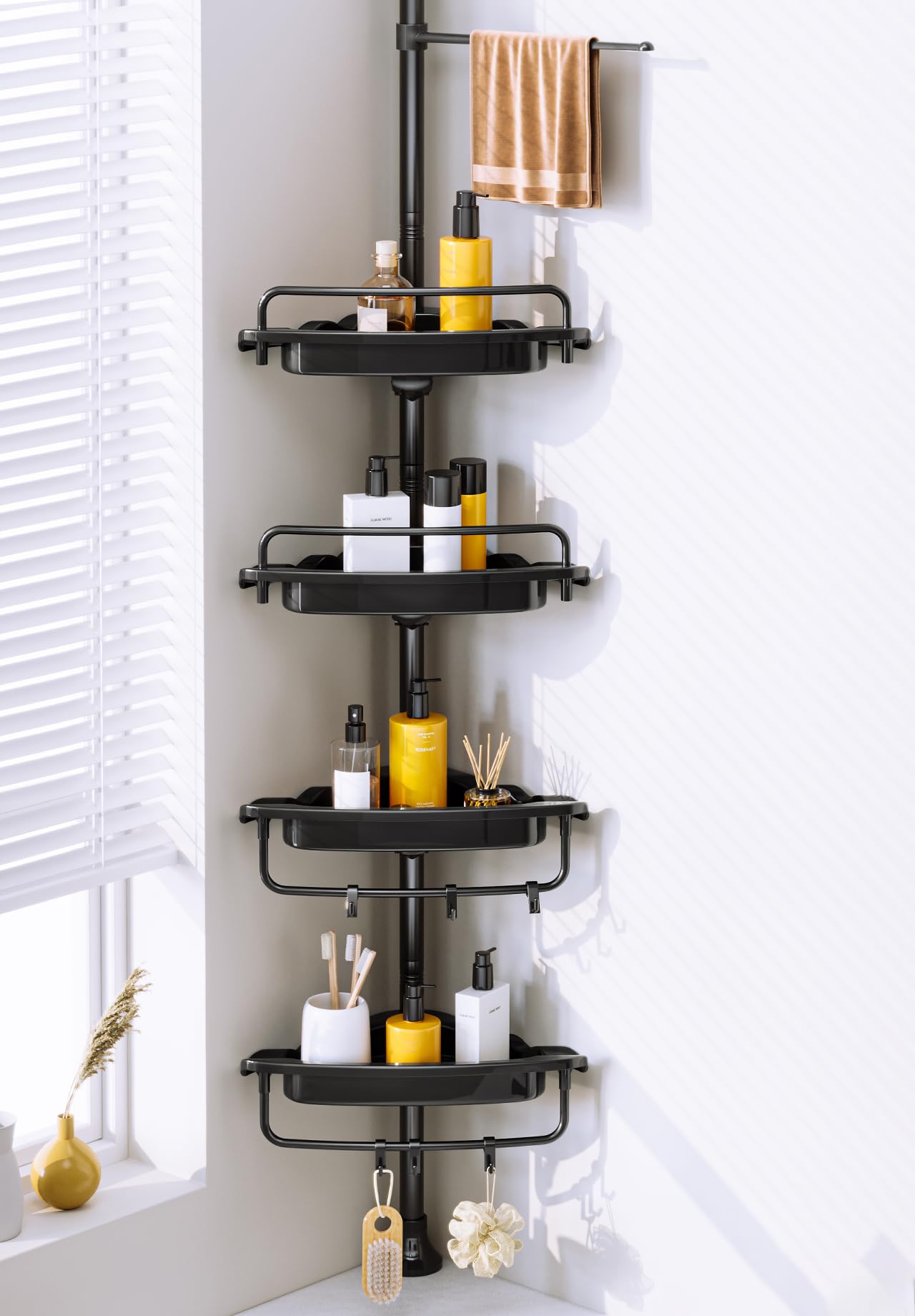 WSBArt Rustproof Shower Caddy Tension Pole Corner Shower Caddy Organizer 4 Tier Adjustable Shelves with Tension Pole and Large Capacity for Bathtub