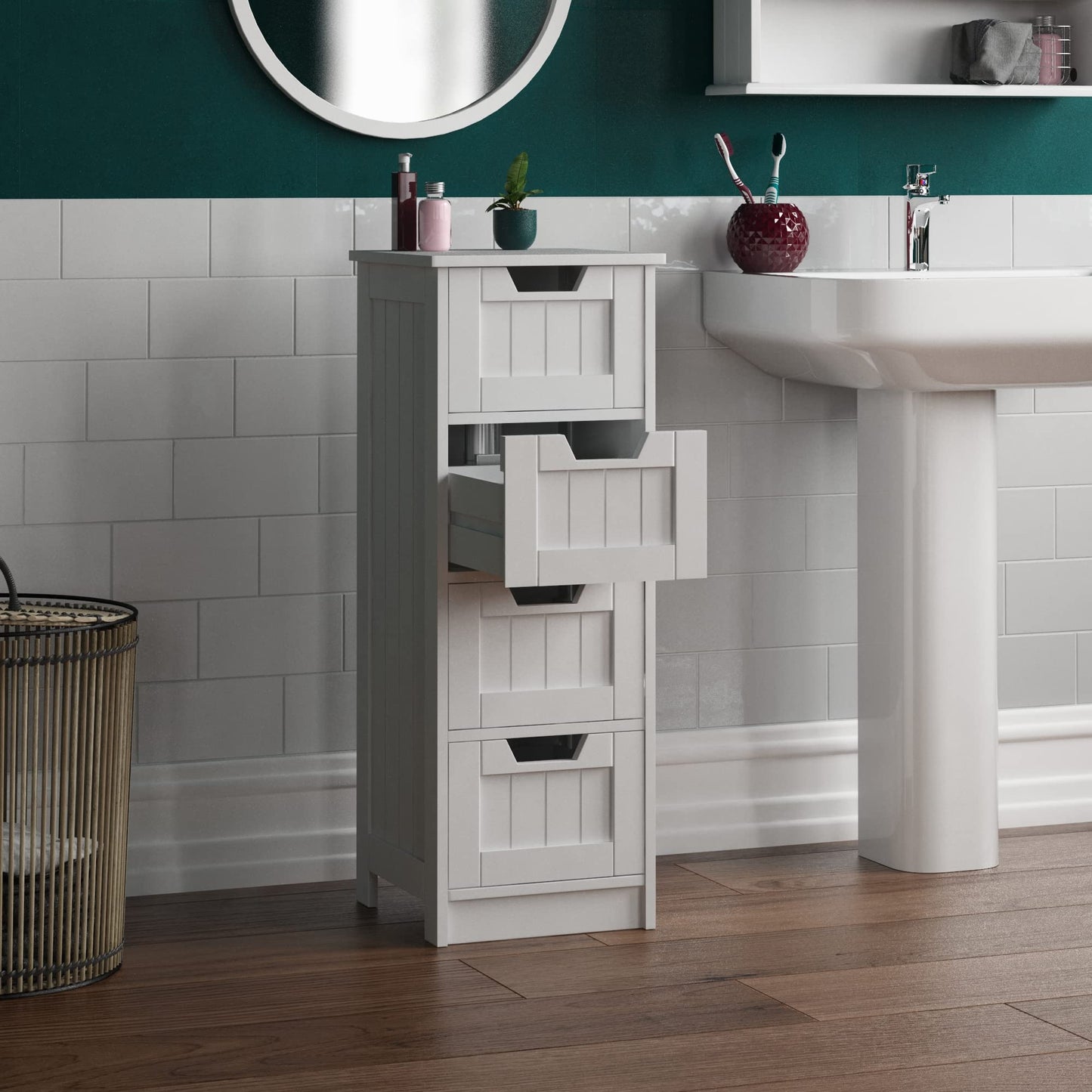 Bath Vida 4-Drawer Floor Standing Cabinet Unit Bathroom Storage, Wood, White