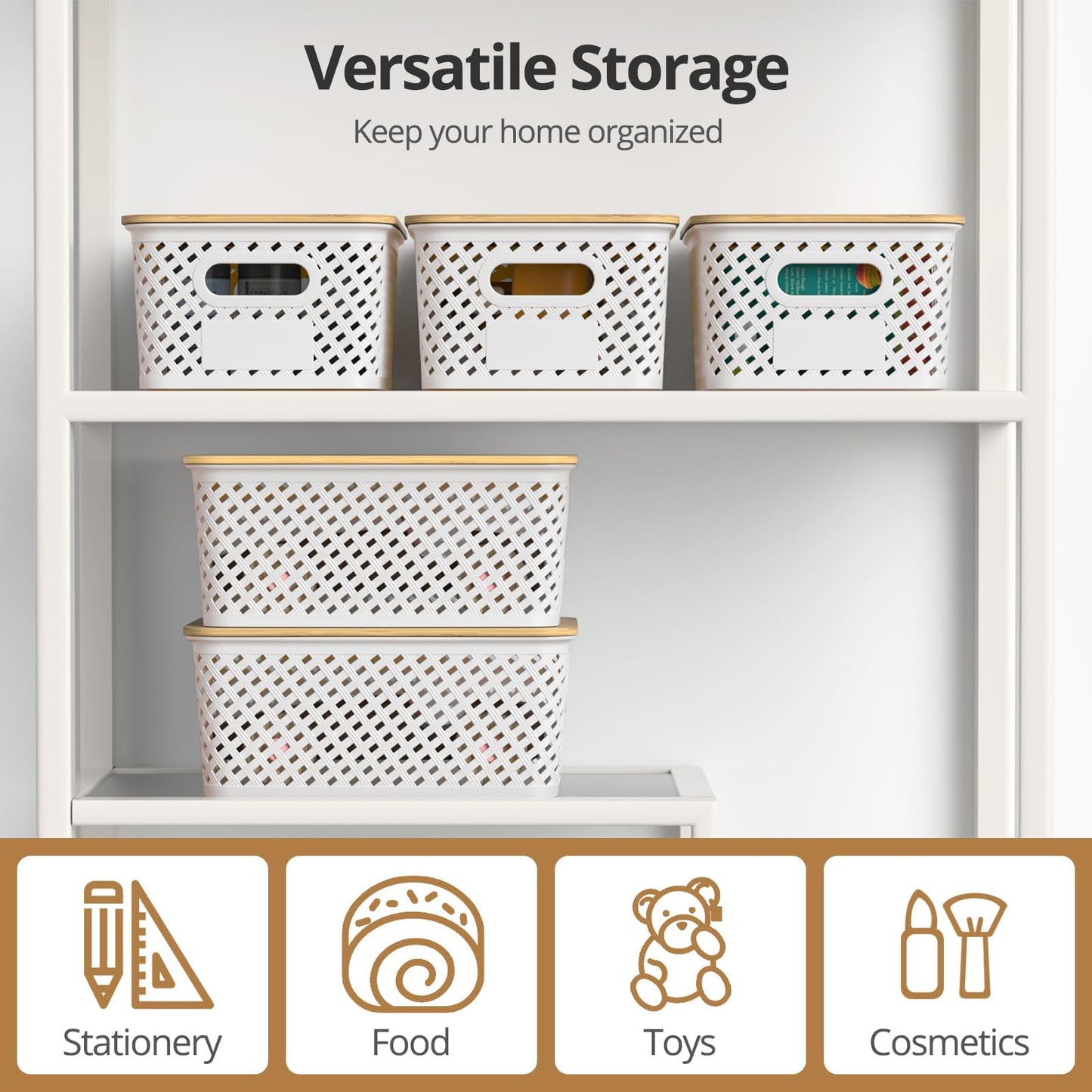 HapiLeap Plastic Storage Baskets With Bamboo Lid, Stackable Plastic Storage Boxes for Organizing Pantry Shelves Drawers Desktop Closet Playroom