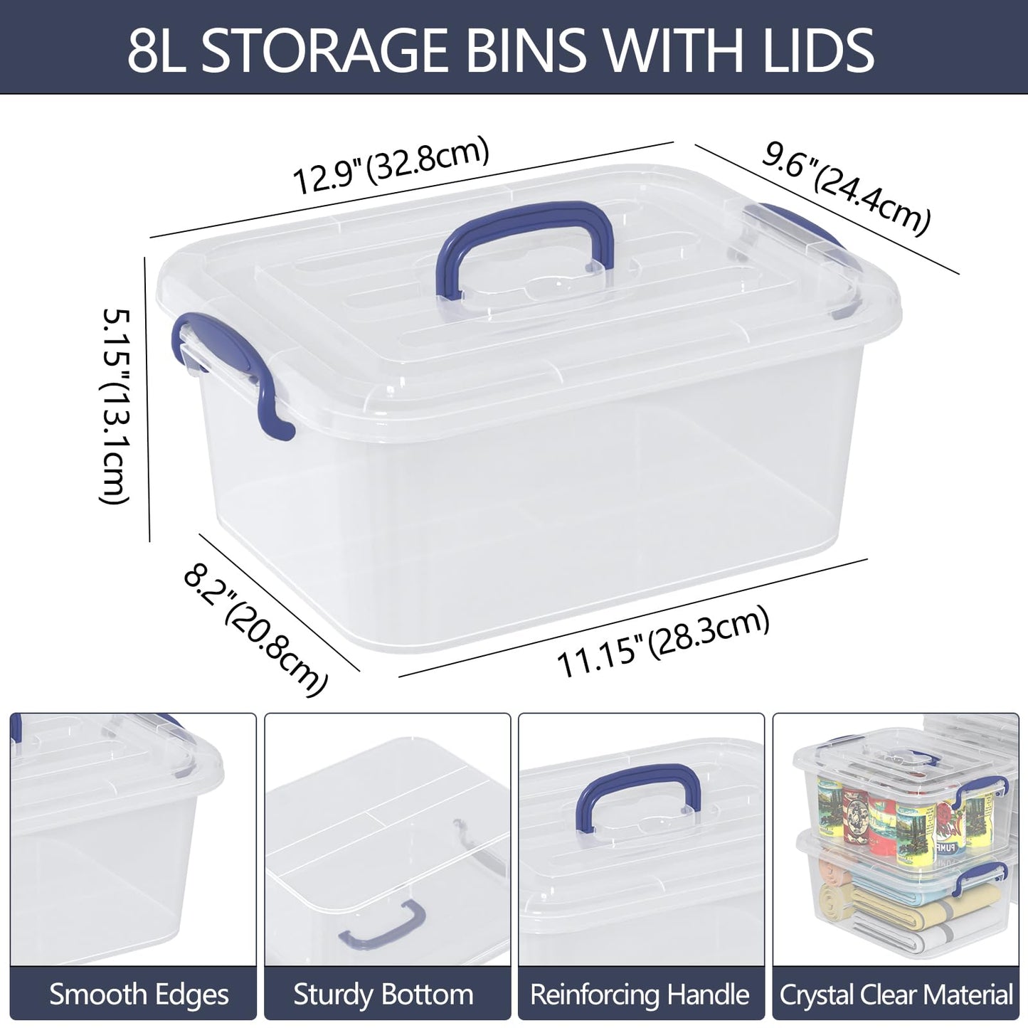 Tyminin 6 Packs Clear Plastic Storage Boxes with Clear Lids, Small Latch Bins, 8 Litre, T