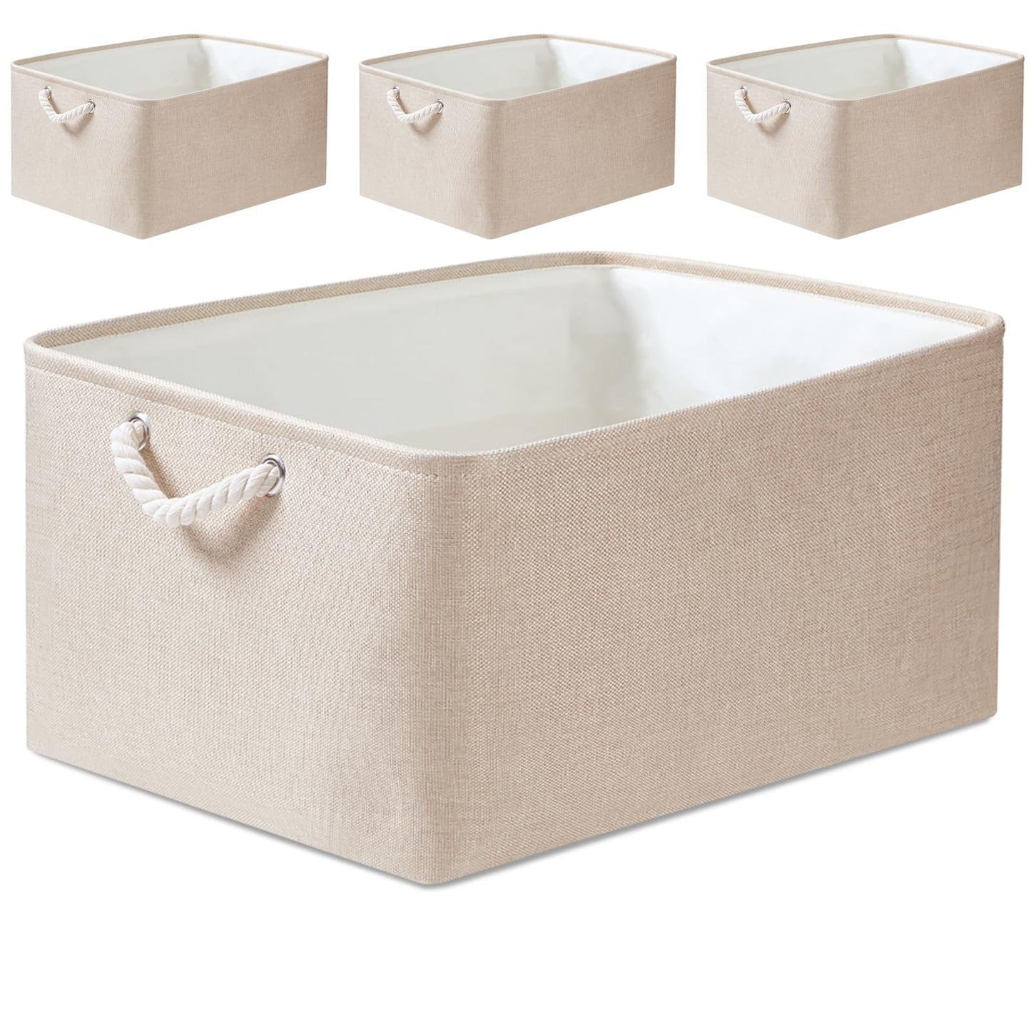 Mangata 4 Pack Large Storage Boxes, Multi-Size, Rectangular Organiser Baskets for Shelves, Toys, and Clothes, 41x31x20cm(Light Khaki, L)