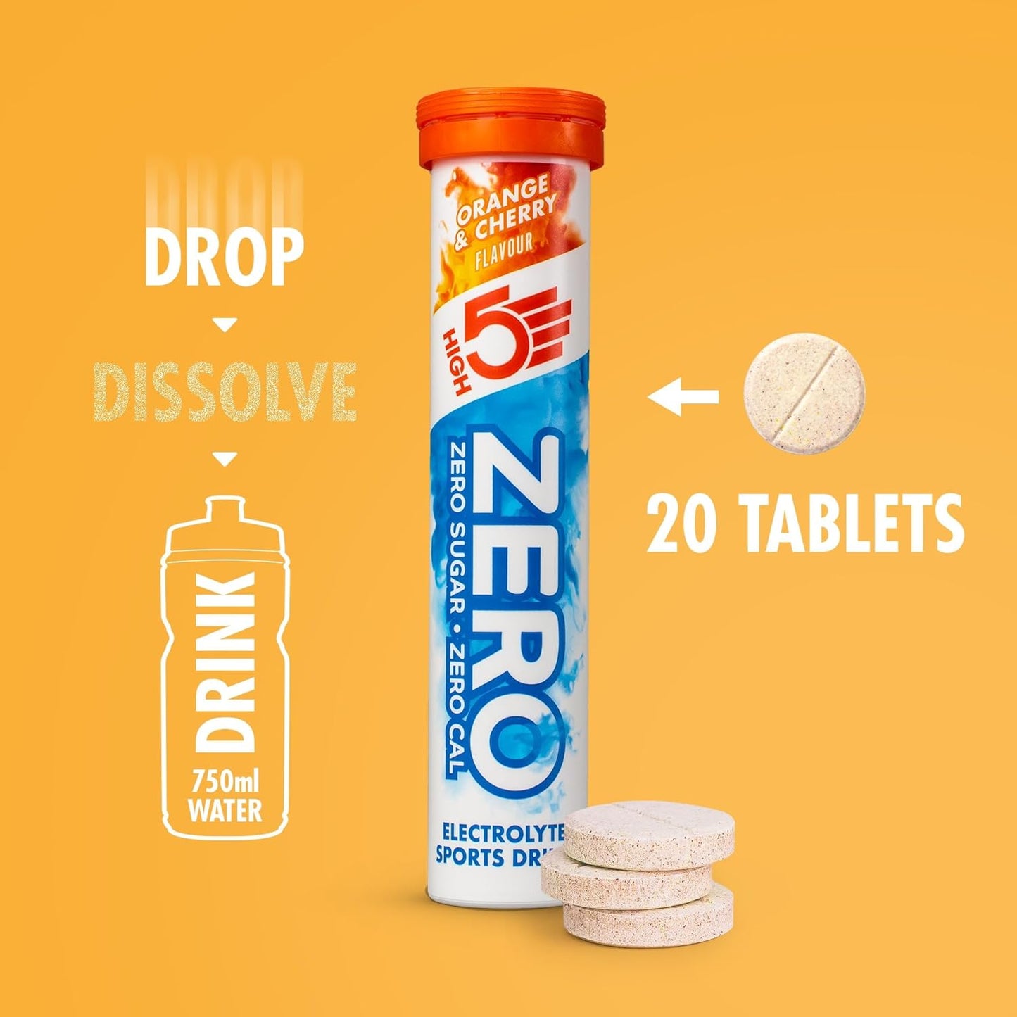 HIGH5 ZERO Electrolyte, Orange & Cherry, Tube of 20 Tablets, best before 09/27, New