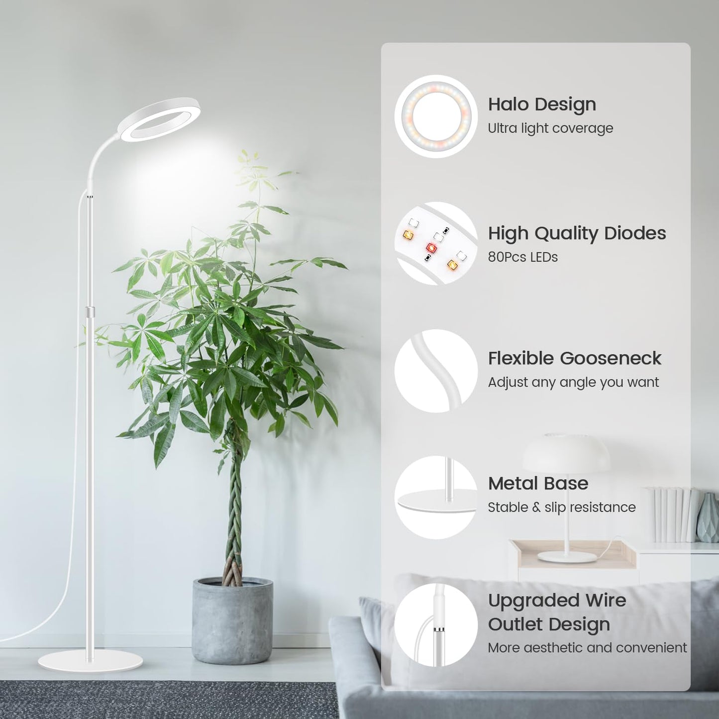 Garpsen Grow Light, Full Spectrum LED Floor Plant Light with Timer 6/12/16H, 3 Color Modes Grow Lamp with Base, 5 Dimmable Levels, 23''~67''Adjustable