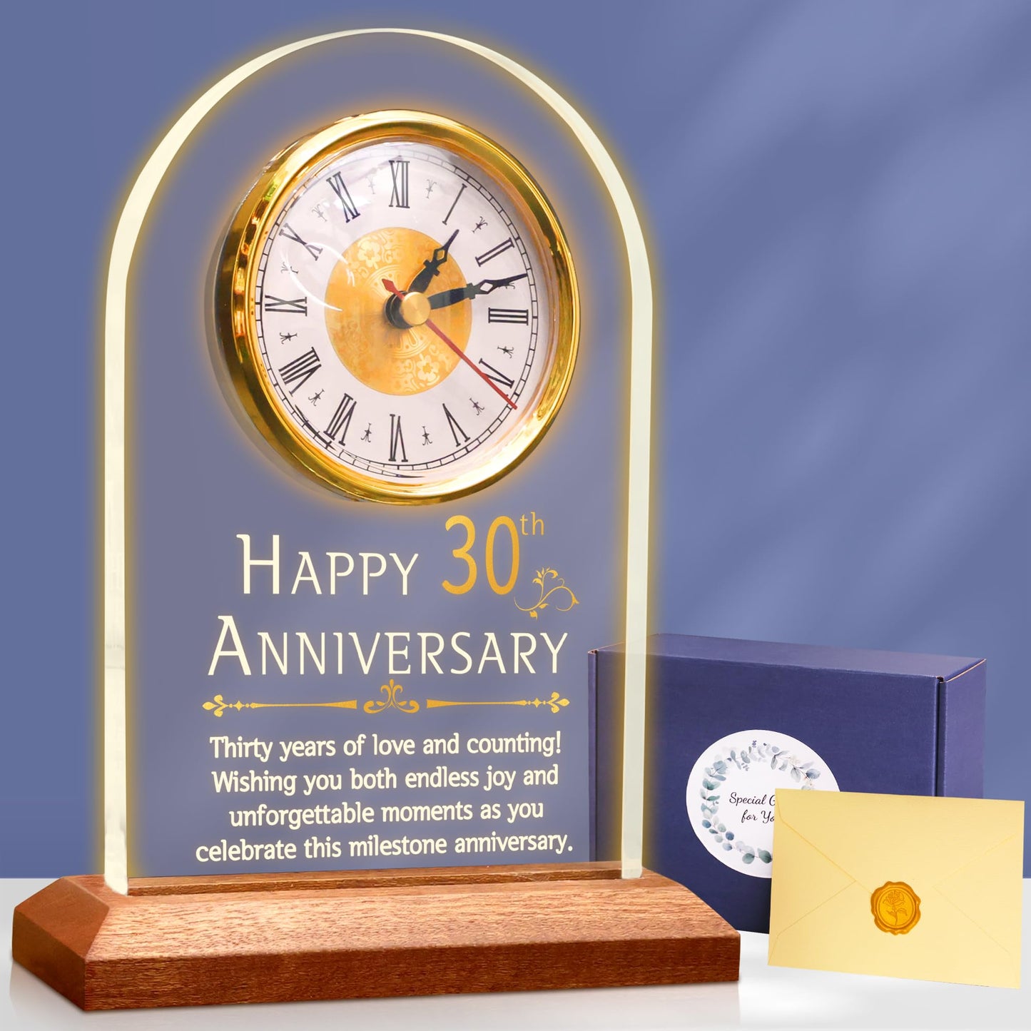 OkiyiD 30th Anniversary Wedding Gifts for Couples, 30 Years of Marriage, Light Up Anniversary Quartz Clock With LED Wooden Base for Home Decor,30th
