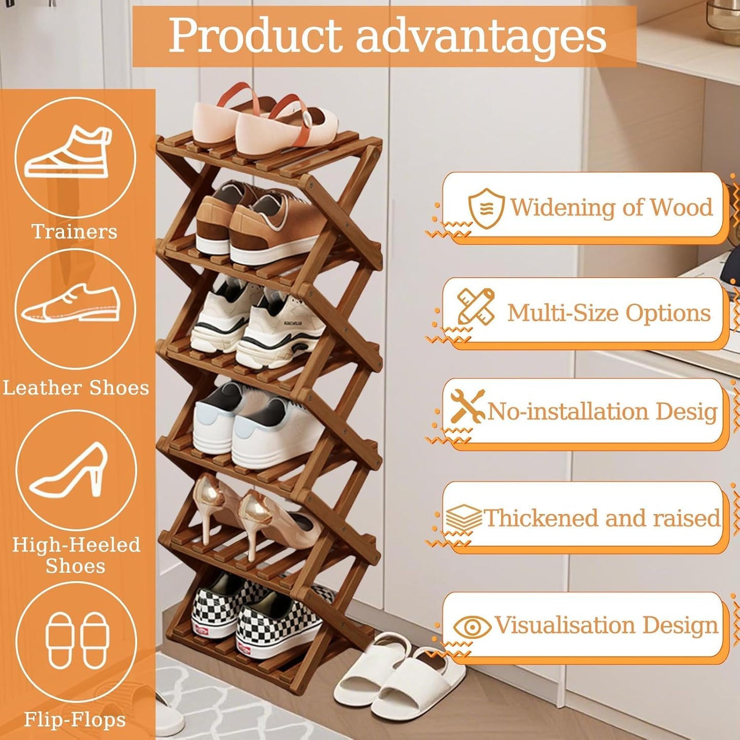 Kiss Me 3-Tier Foldable Bamboo Shoe Rack Narrow Vertical Organizer