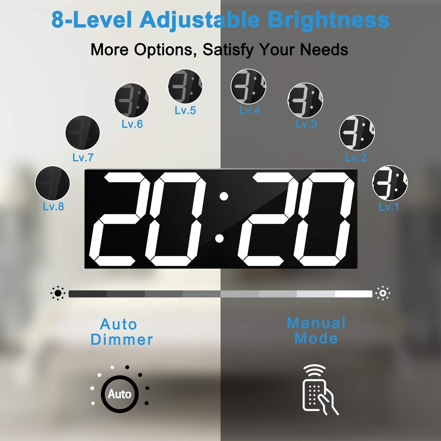 CHKOSDA Digital Wall Clock, Large Wall Clock with 6" Number, Led Wall Clock with Countdown Timer, Calendar, Thermometer, 12/24H, Adjustable