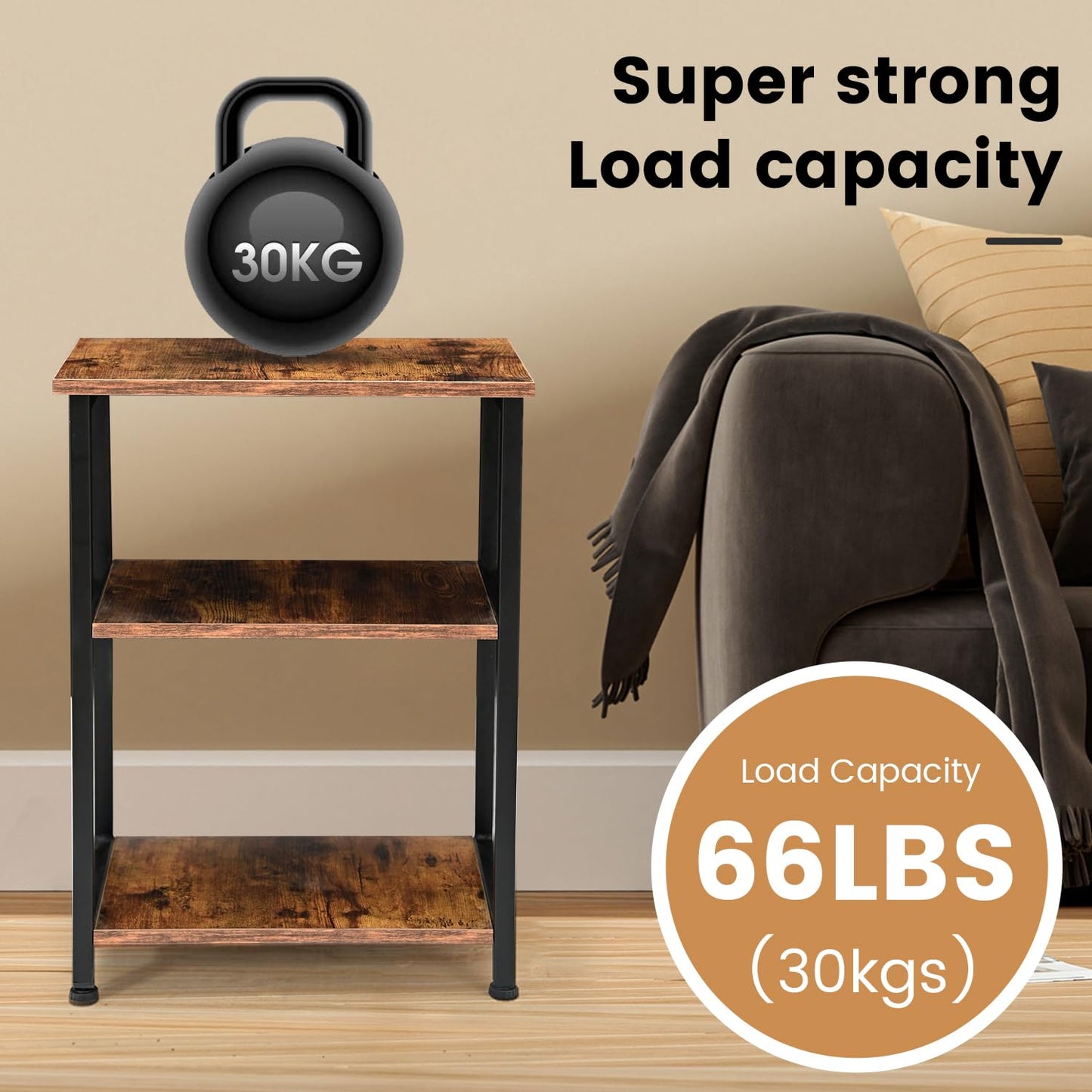 H JINHUI 3-Tier Side Table, Sofa End Table, Solid Wood Tall End Table with Storage Shelves, Nightstand Bedside Table for Living Room Bedroom Office
