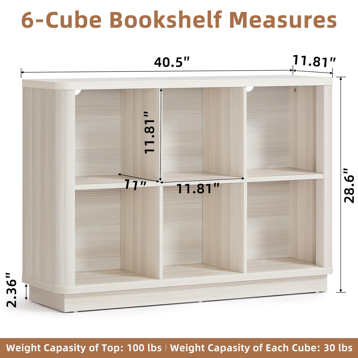 LELELINKY 6 Cube Storage Bookcase, 40" Wide Wooden Book Shelf with Thickened Base, Freestanding 2-Tier Open Book Case Unit with Curved Edge