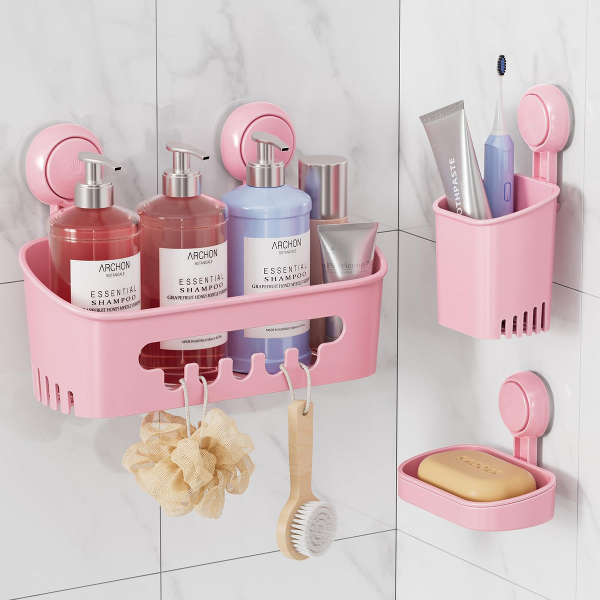 LEVERLOC Shower Holder Suction Cup Set Toothbrush Holder Bathroom Storage No Drilling Rustproof Removable Vacuum Shower Organiser Shelf Soap
