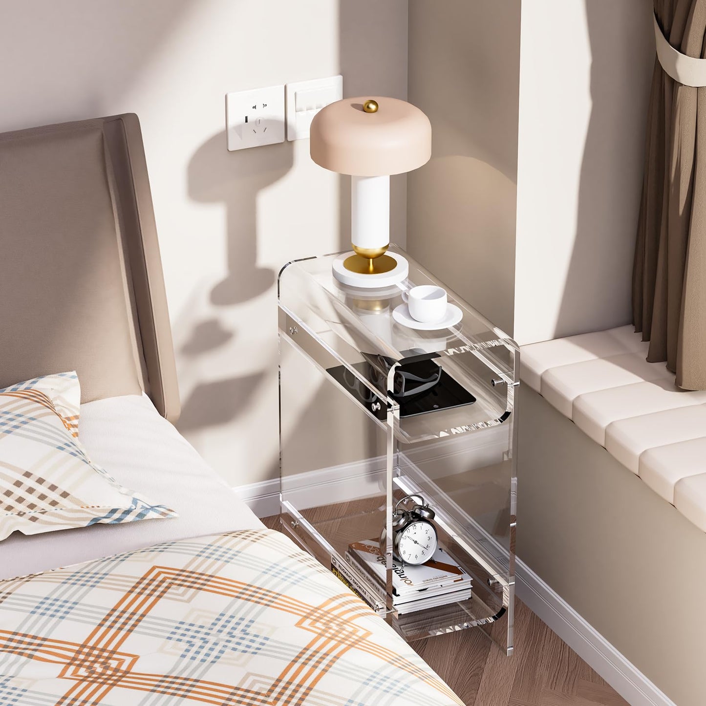 Dewrhiixe Clear Acrylic Side Table Narrow, Slim End Table for Small Spaces, Skinny Nightstand Bedside Table for Bedroom, Living Room, Office