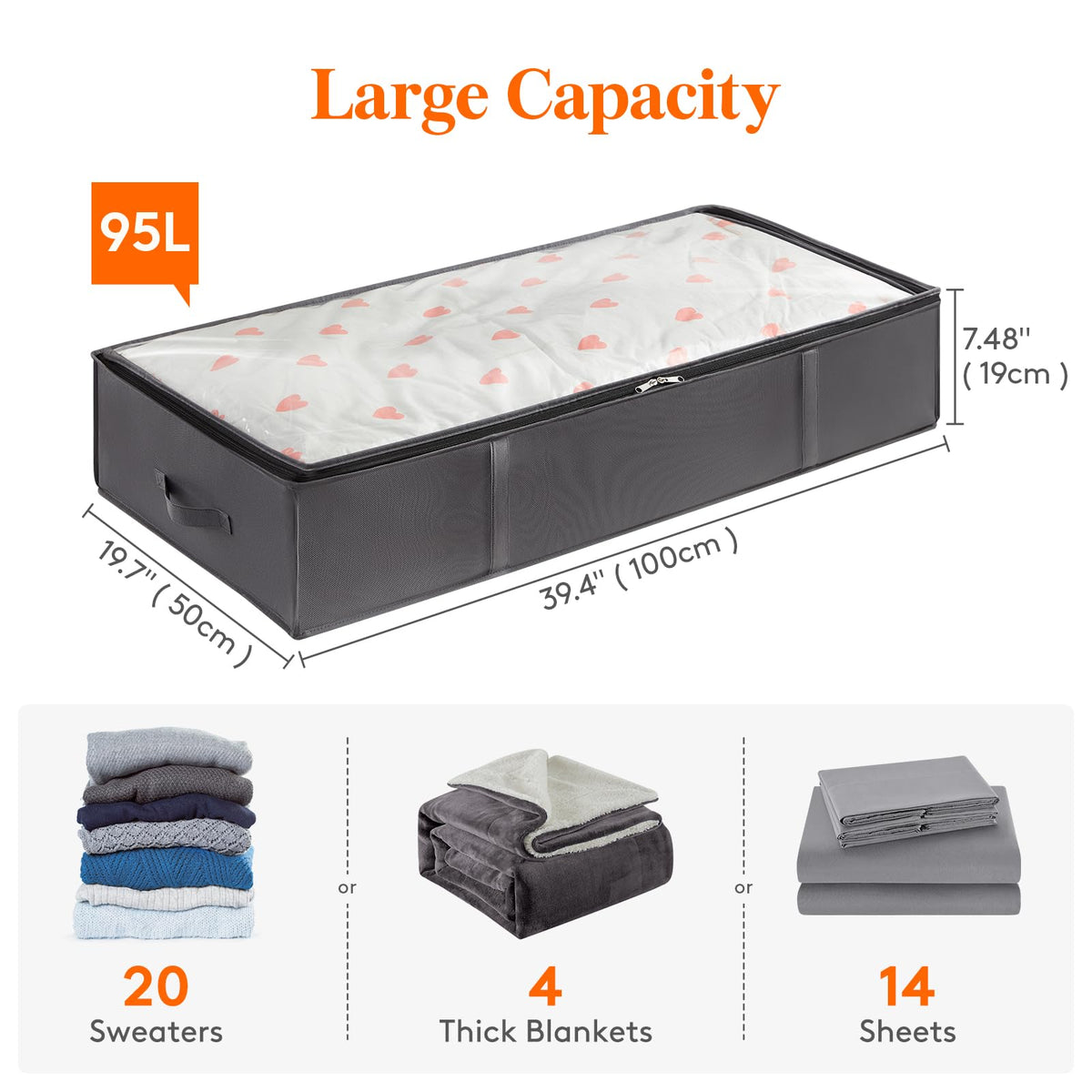 Lifewit 2 Pack 95L Under Bed Storage, Underbed Storage Boxes with lid Clothes Storage Bag Wardrobe Storage Organiser with Reinforced Handle