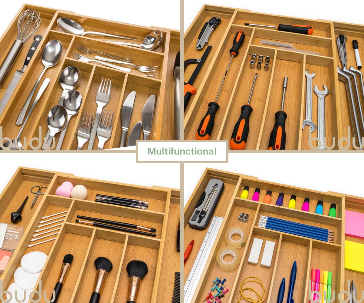 budu Cutlery Tray #50 (Depth 50 cm) Made of Bamboo - Drawer Organiser System for the Kitchen - Cutlery Tray for Bamboo Drawers - Extendable - Kitchen