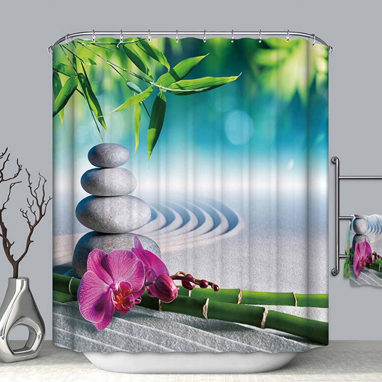 Aeici Large Shower Curtain Zen Floral Shower Curtain for Bathroom Bath Waterproof W180 X H200 cm