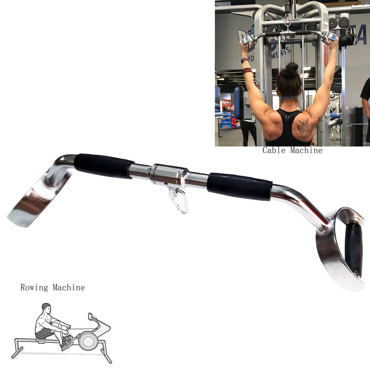 Press Down Bar Cable Attachment LAT Pull Down Bar Pull Down Machine Attachments V-shaped Bars with Rubber Handgrips & Revolving Hanger (28 Inch Bar)