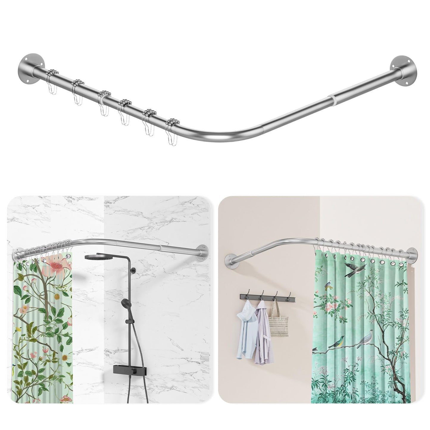 L Shaped Shower Curtain Rail, [60-135cm] x [60-135cm] Adjustable Corner Shower Curtain Rod, Wall Mounted Curved Shower Rail With 12 Rings & Ceiling