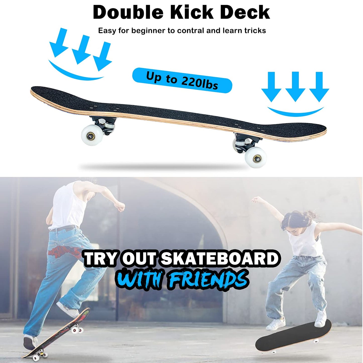 Skateboard,31 x 8 Inch Complete Skateboard, 8-Layer Maple Wood Deck Double Kick Standard Skateboards for Kids, Teens, Adult, Beginner (Sky)