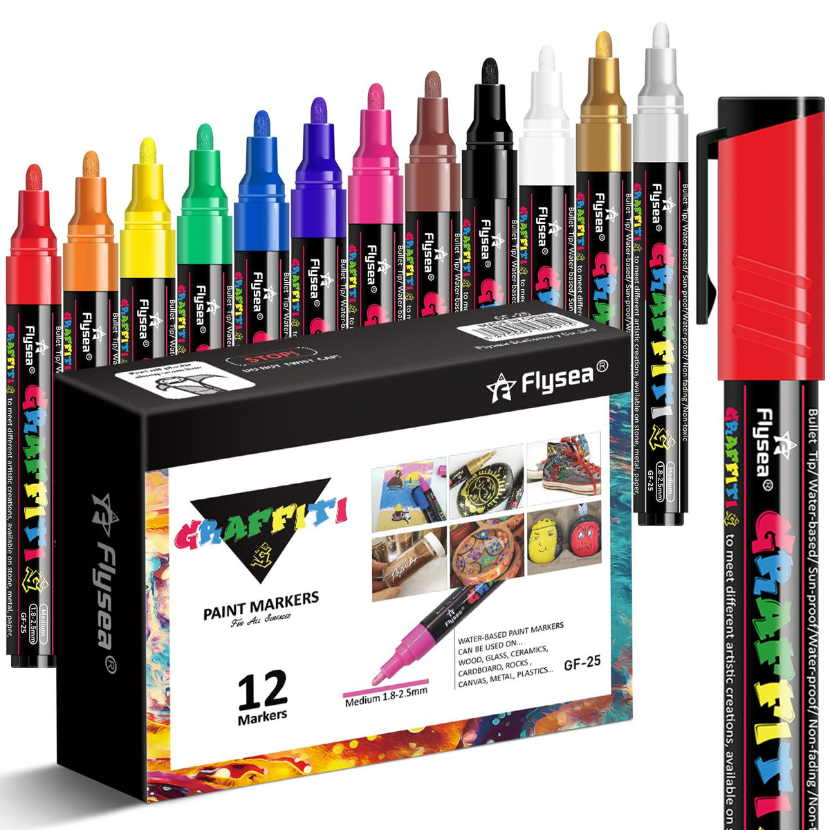 Alitastro 12 Acrylic Paint Pens - Waterproof Fabric Paint Markers Acrylic Markers for Rock Painting, Glass, Wood, Stone, Canvas, Metal, Arts and