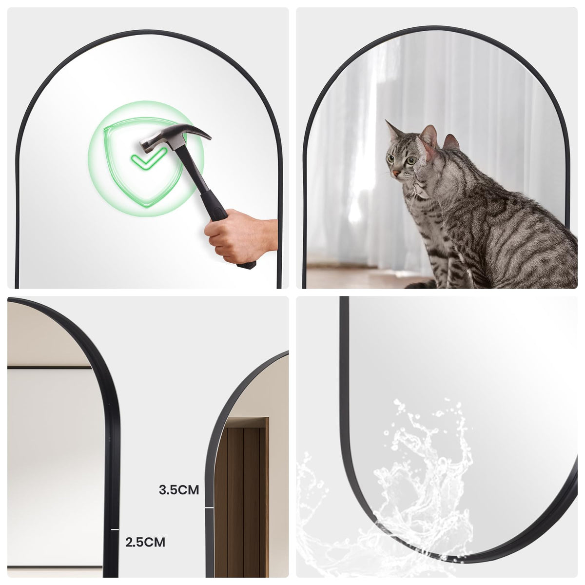 LunaMirror Wall Mirror Oval 60x90 CM Wall-Mounted Bathroom Vanity Mirror Stylish Black Mirror Wall Decor Rectangle Wall Hanging Mirror with Curved