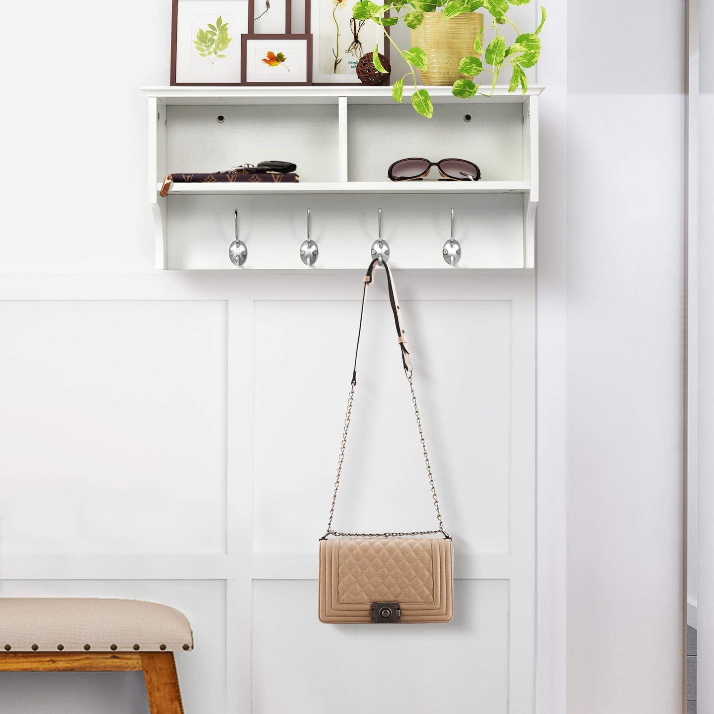 Yaheetech Wall Mounted Coat Rack with Hooks & Storage Shelves, White