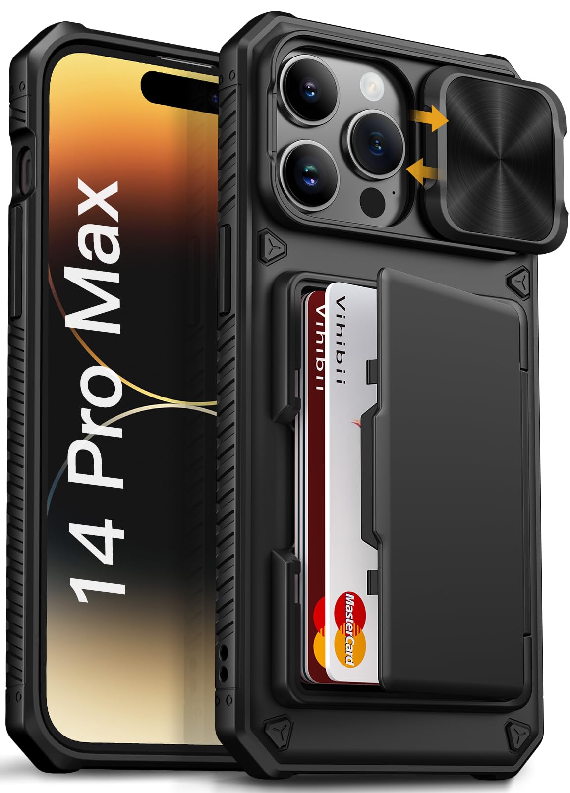 Vihibii for iPhone 14 Pro Max Case with Card Holder (4 Cards) [RFID Blocking] & Slide Camera Cover, Military Grade Drop Protection, Rugged Hard Back &