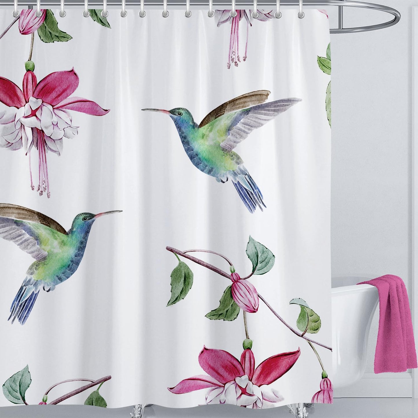 LIVETTY Birds Shower Curtain 180 x 180 cm Bathroom Curtain Floral Polyester Fabric Bath Curtain with 12 Hooks Washable Quick-Drying