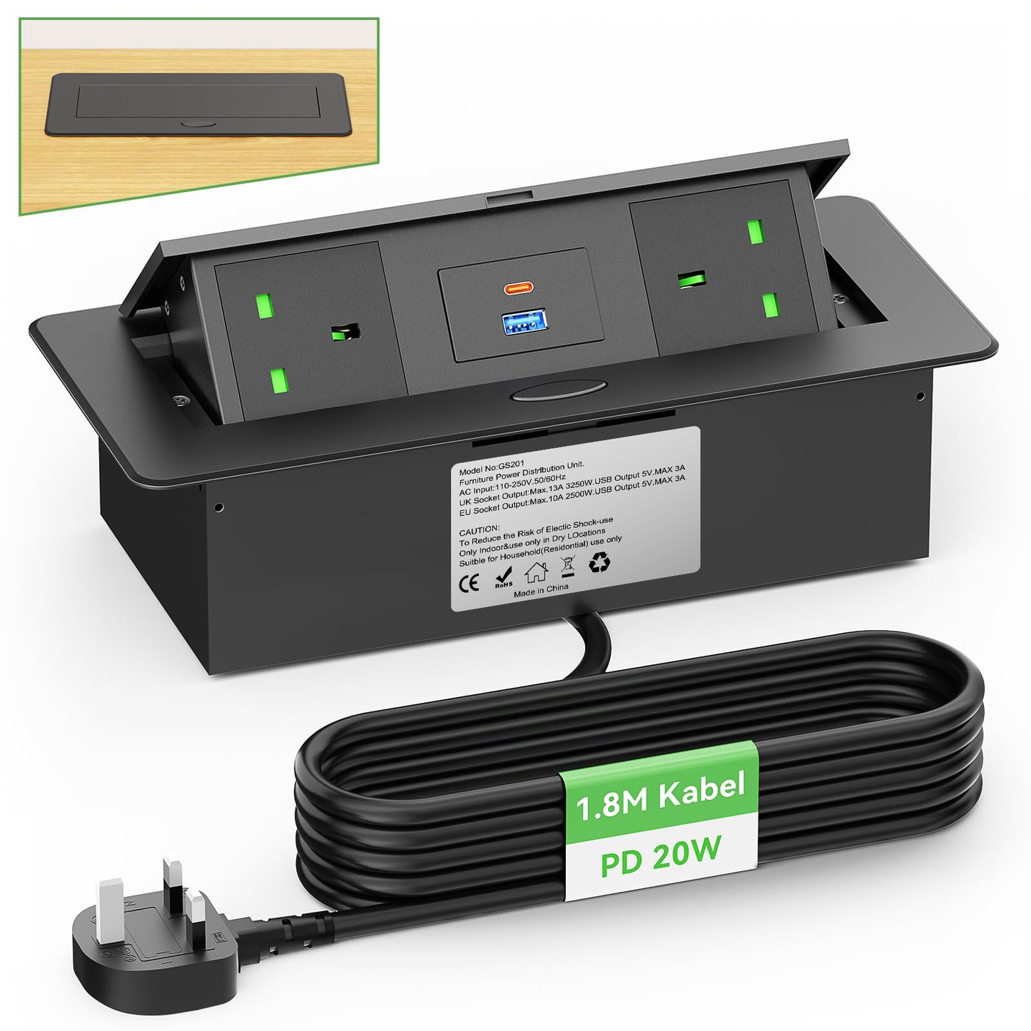 Desktop Power Socket with USB C PD20W, Aluminum Recessed Power Strip 2 UK Plug, Hidden Pop Up Sockets for Kitchen Worktops Conference Desk, Desk Power