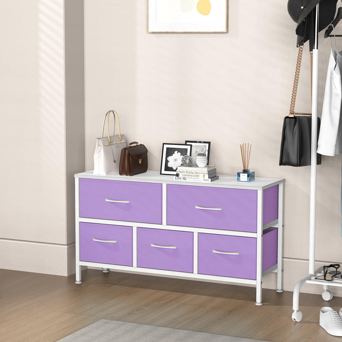 Feonase Bedroom Chest of Drawers, 5 Fabric Drawers Dresser with Metal Frame and MDF Top Board, Modern Storage Unit for Bedroom Living room, Entryway