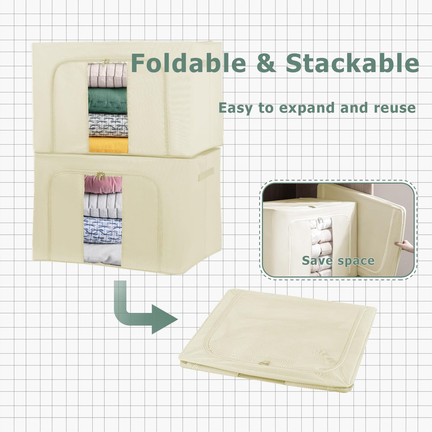 Womanht 2 Pack Closet Organizers and Storage, Foldable Oxford Steel Frame Storage Box with Clear Window & Carry Handles, Stackable Storage Bins Boxes
