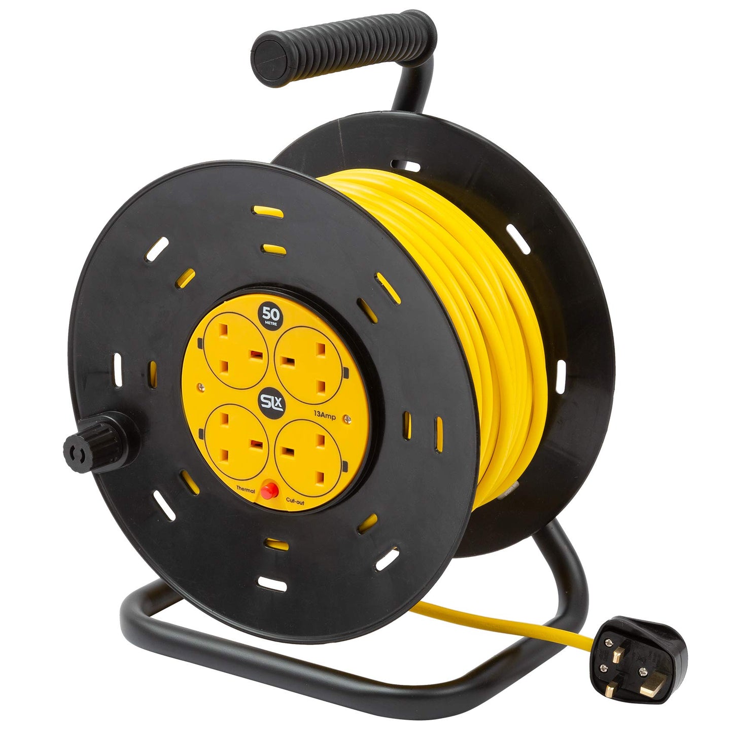 SLx Outdoor Extension Lead, 50m, 4 Socket Extension Reel, Heavy Duty Extension Cable, Thermal Cut Out, Extension Lead for Garden lawn mower Office,