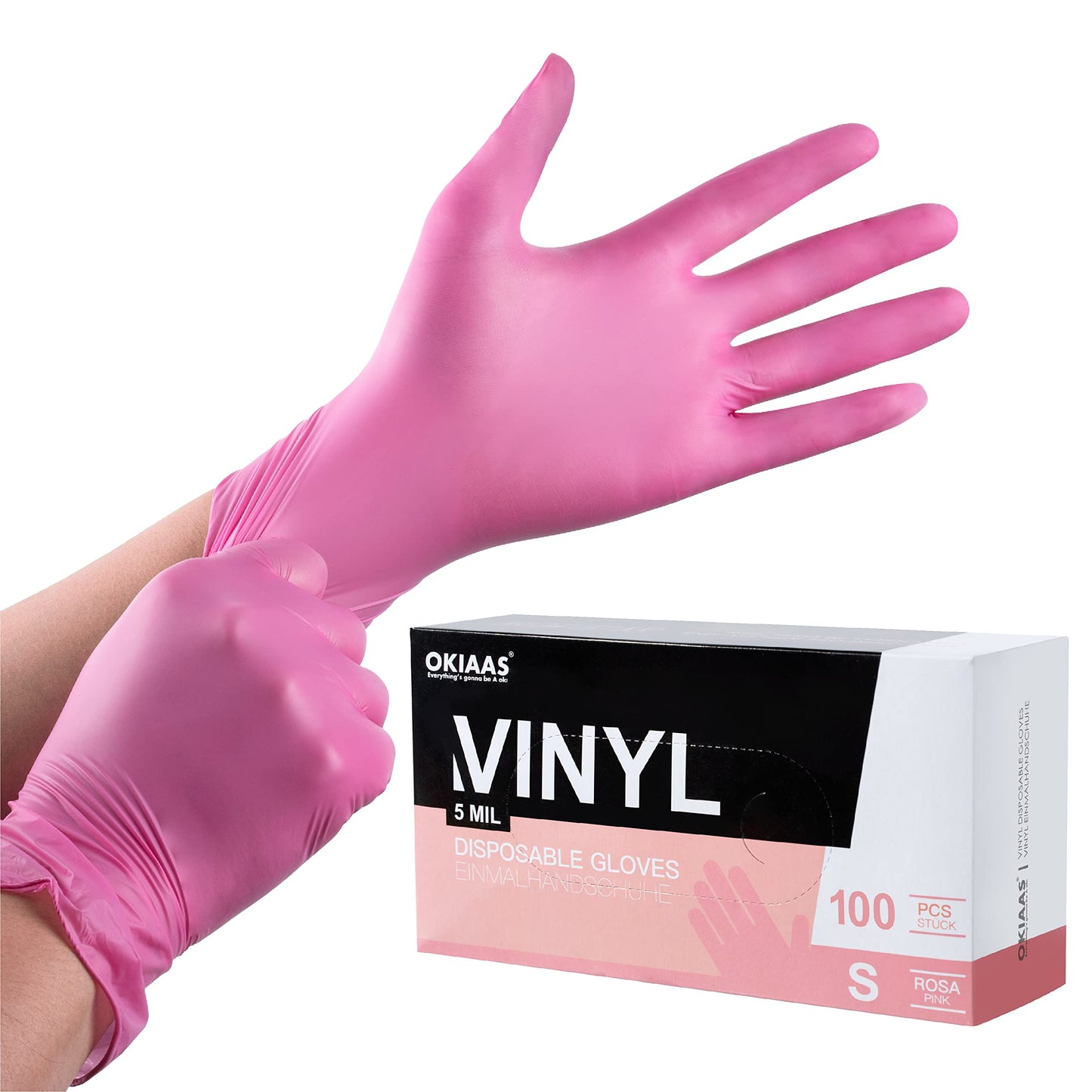 OKIAAS Pink Gloves S|Latex-Free Vinyl Gloves for Household, Food Handling, Lab Work and More|Small,100 Counts/Box