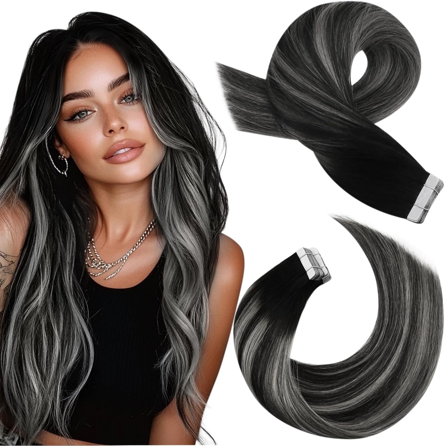 Moresoo Tape Hair Extensions Real Human Hair 20'' 20pcs 50g/Silver/1B, New but open, scruffy box