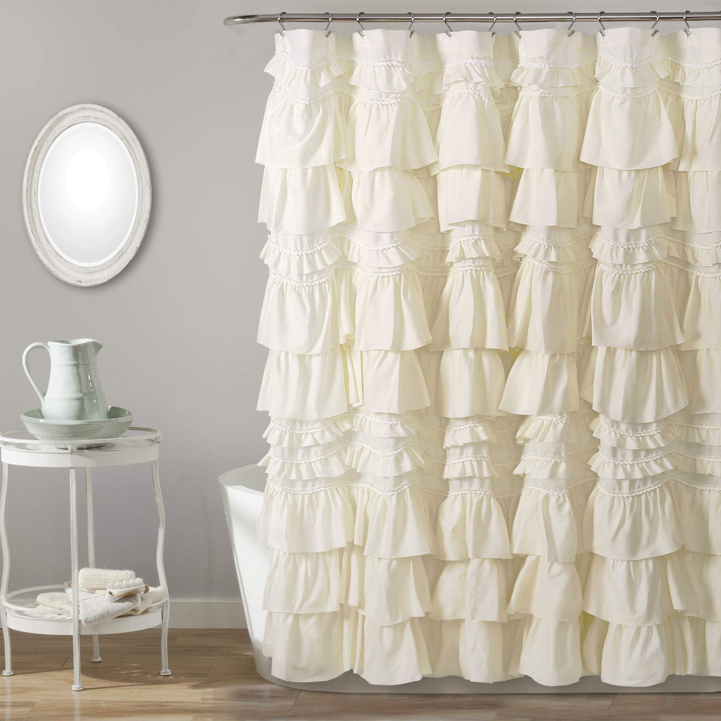 Lush Decor Kemmy Shower Curtain | Ruffled, Textured Shabby Chic Farmhouse Style Design, 72? x 72?, Ivory
