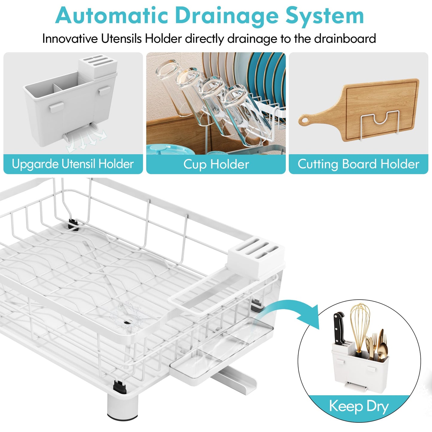 MAJALiS Dish Drying Rack, 2 Tier Dish Drainer Rack with Drip Tray and Drainer Mat, Stainless Steel Dish Rack with Utensil Holder, Swivel Spout,