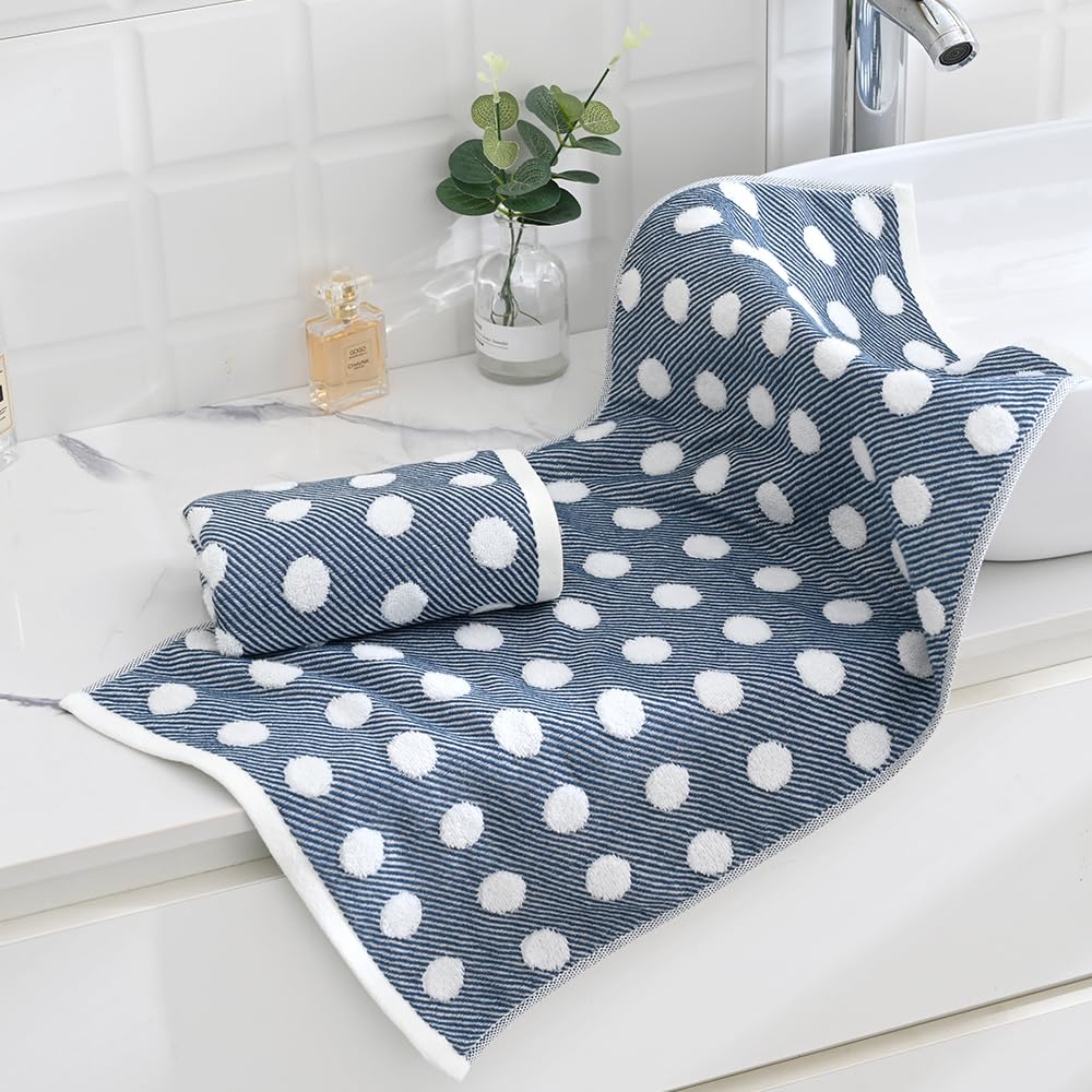 sense gnosis Navy Hand Towels 100% Cotton Super Soft Absorbent Jacquard Herringbone Striped Pattren White Terry Polka Dot Hand Towels for Bathroom