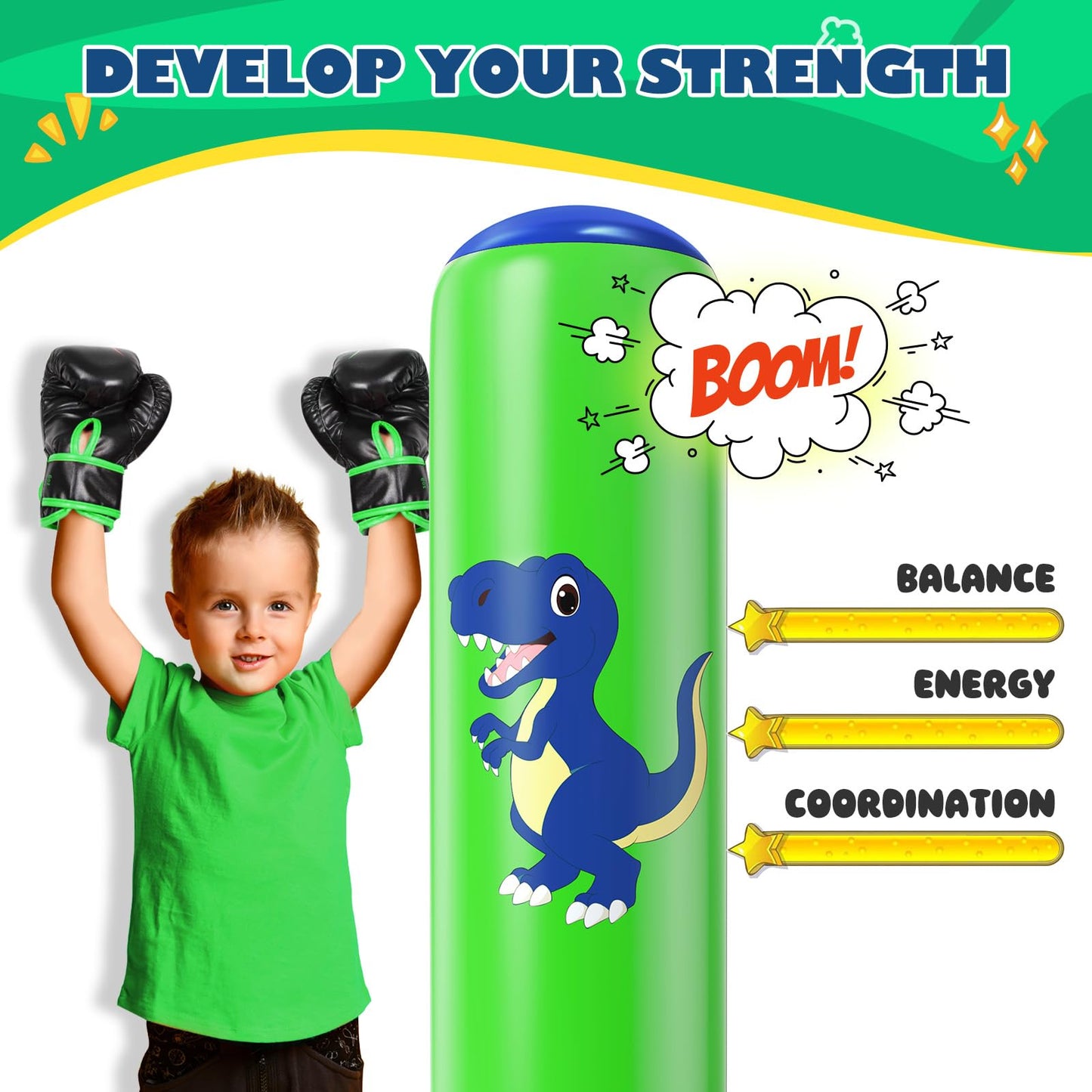 QPAU Inflatable Punching Bag, 48 Inch Stable Inflatable Boxing Bag for 3-6 Kids,Dinosaur Toy & Gifts for Boys and Girls, Kids Boxing Set for