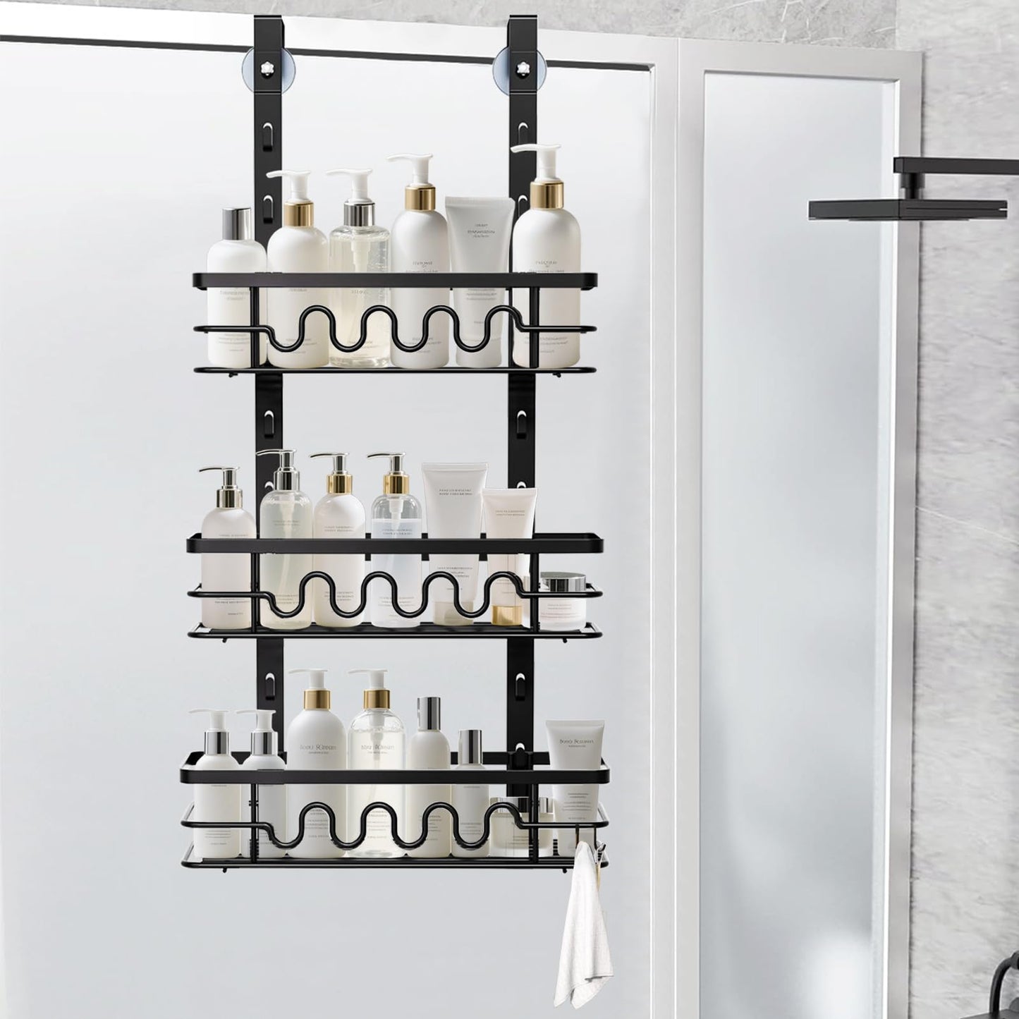 HomeVC Hanging Shower Caddy 3 Tier Adjustable Shower Caddy Hanging with 6 Fixed Suction Cups & U/L-Shaped Hooks & 2 Curved Hooks, No Drilling Over