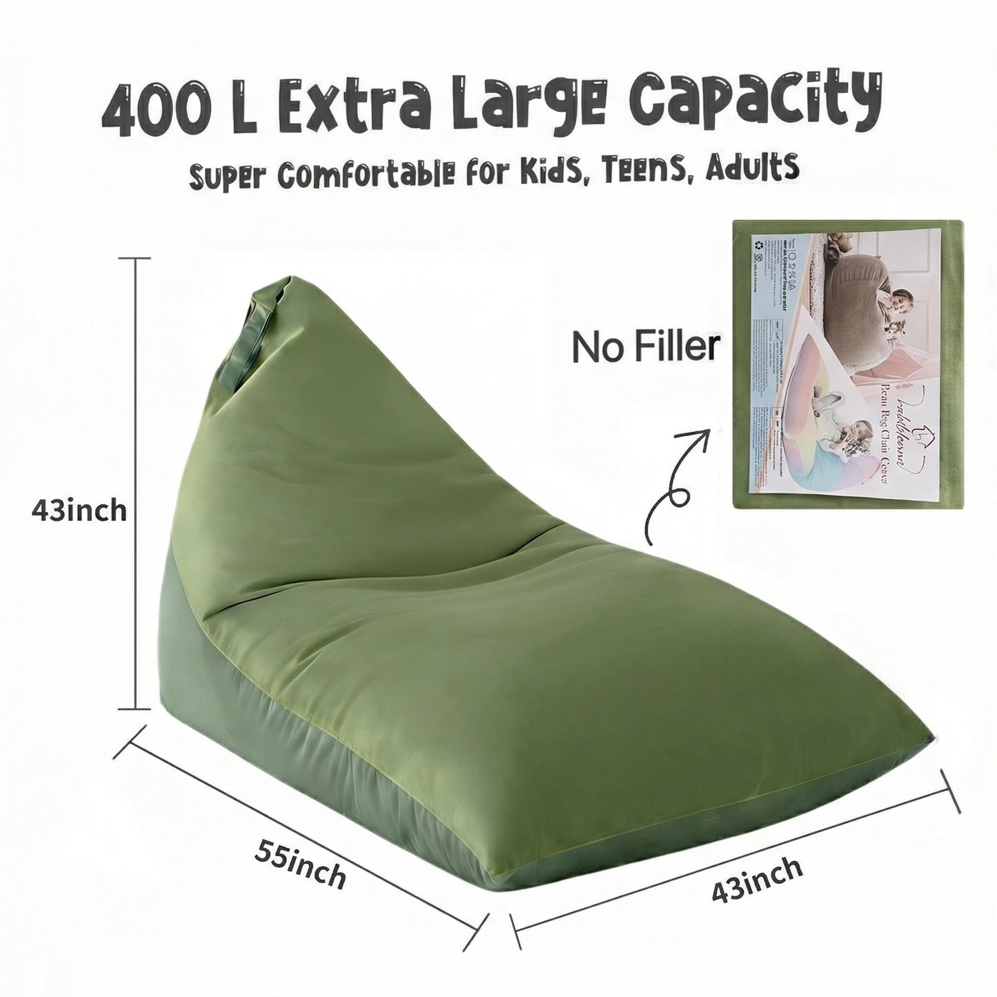 Nobildonna 4ft Bean Bag Chair Cover (No Filler) for Adults, 400L Extra Large Triangular Beanbag Chair Cover